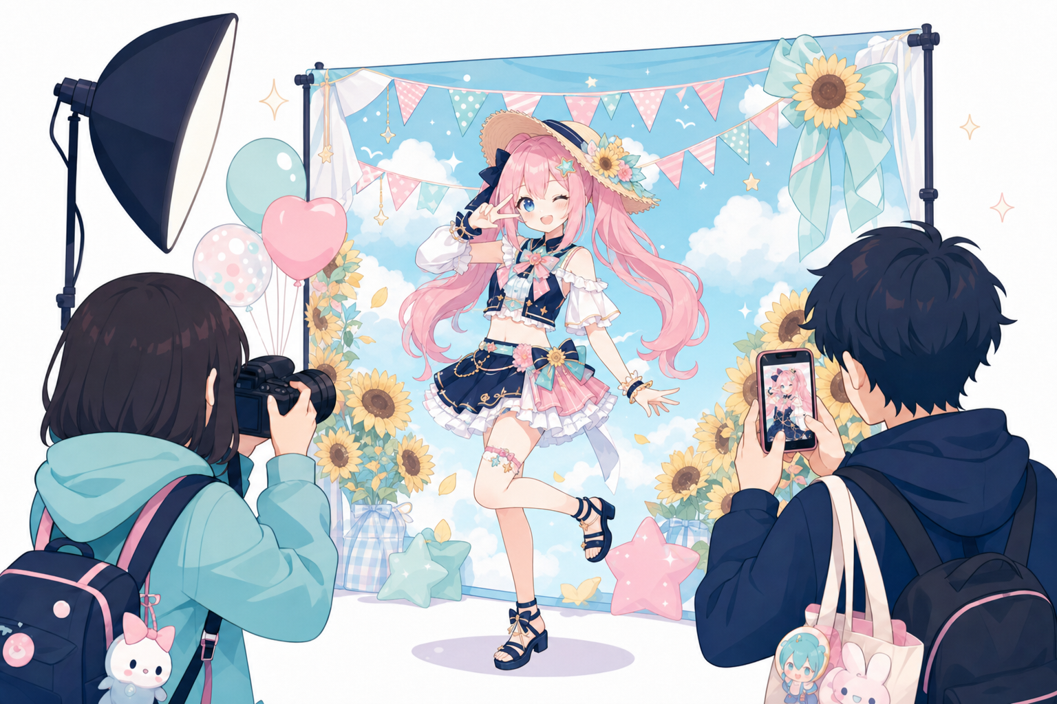 フォトセッションのイメージイラスト。モデルを来場者が撮影している様子